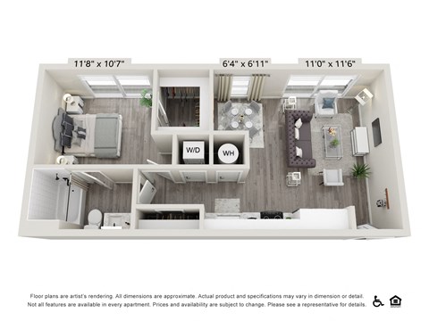 Floor plan for 1 bed, 1 bath, 678 sqft